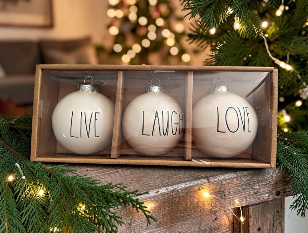 Rae Dunn by Magenta Ceramic Christmas White Round Bauble Ornaments Set of 3